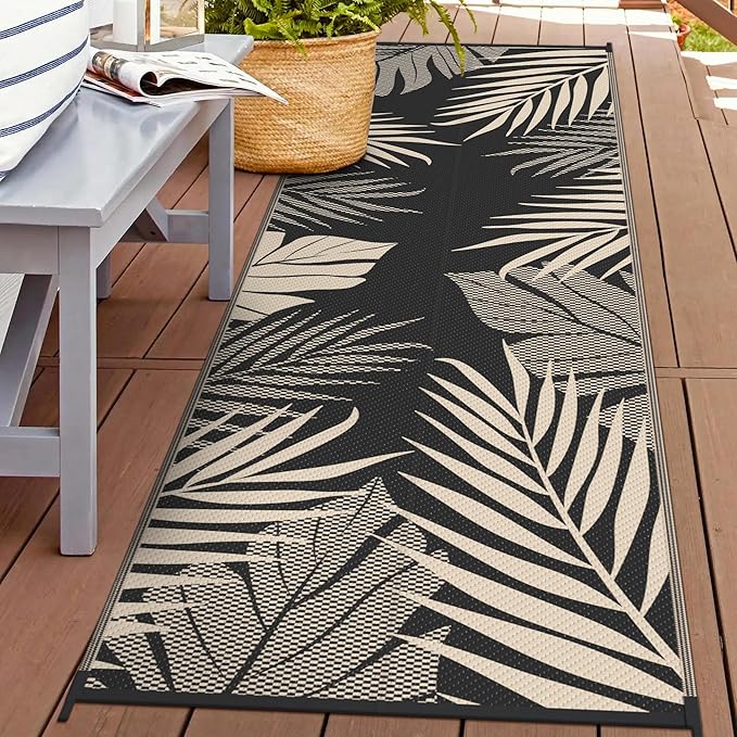 GENIMO Outdoor Rug 2.5' x 8' Waterproof for Patios Clearance, Reversible Outdoor Plastic Straw Camping Rug Carpet, Large Area Rugs Mats for RV, Camper, Deck, Balcony, Porch, Beach, Black&Beige