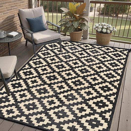 Outdoor Plastic Straw Rug, Waterproof Mat, Washable Large Floor Mat and Rug for Outdoors, RV, Beach, Patio, Camping, Backyard, Deck, Picnic, Indoor Outside (6x9ft,Geometry/Black&Beige)