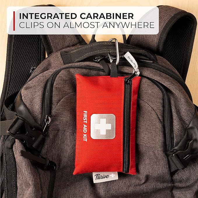 Thrive Travel Essentials Mini First Aid Kit - 66 FSA HSA Approved Products Includes Multi-Sized Bandage, Wipes, Safety Pins, and More (Pouch)
