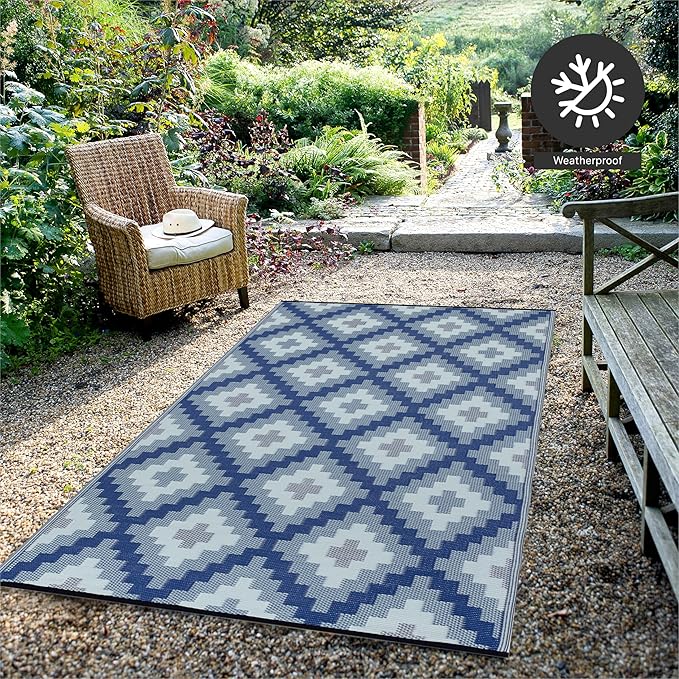 FH Home Outdoor Camping Rug - Waterproof, Fade Resistant, Reversible - Premium Recycled Plastic - Geometric - Large Patio, Deck, Sunroom, RV - Aztec Kilim - Blue Multi - 9 x 12 ft Foldable