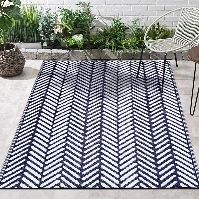 FH Home Outdoor Rug - Waterproof, Fade Resistant, Reversible - Premium Recycled Plastic - Herringbone - Large Patio, Deck, Sunroom, Camping, RV - Fresno - Navy Crease Free - 6 x 9 ft