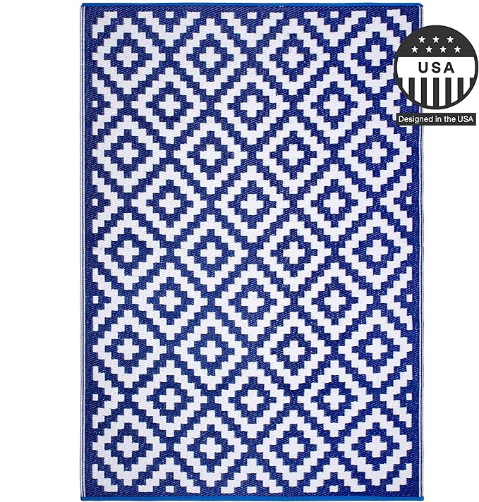 FH Home Outdoor Rug - Waterproof, Fade Resistant, Reversible - Premium Recycled Plastic - Geometric - Patio, Deck, Porch, Balcony, Laundry Room - Aztec - Blue & White Crease Free - 4 x 6 ft