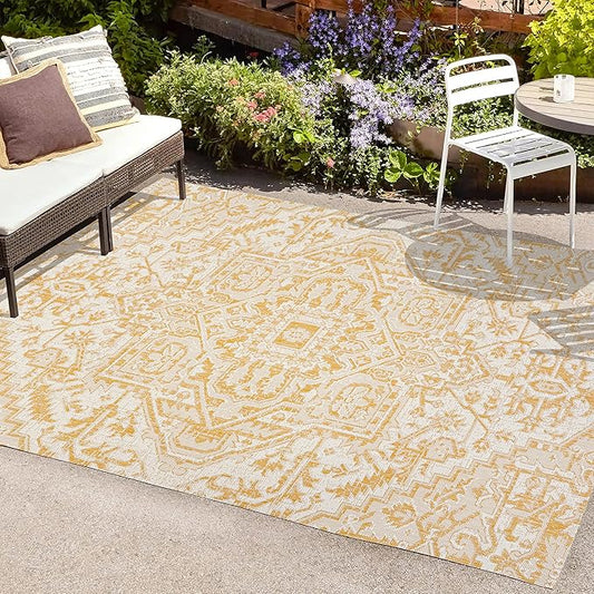 JONATHAN Y SMB105H-4 Estrella Bohemian Medallion Textured Weave Indoor Outdoor Area-Rug, Coastal Traditional Easy-Cleaning,Bedroom,Kitchen,Backyard,Patio,Non Shedding, 4 X 6, Cream/Yellow