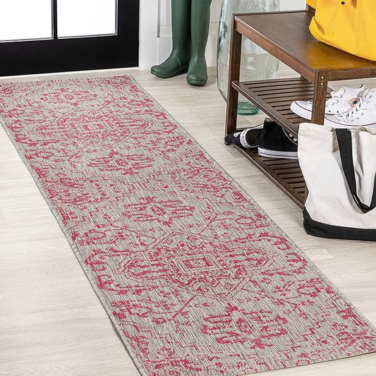 JONATHAN Y SMB105F-28 Estrella Bohemian Medallion Textured Weave Indoor Outdoor Runner Rug,Coastal,Traditional,Transitional Easy Clean,Bedroom,Kitchen,Backyard,Patio, Non-Shed,Light Gray/Fuchsia,2 X 8