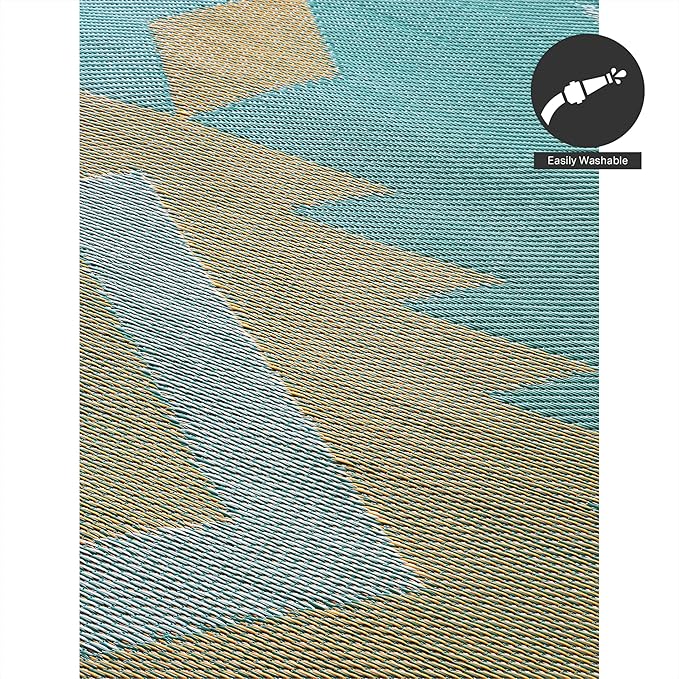 FH Home Outdoor Rug - Waterproof, Fade Resistant, Reversible - Premium Recycled Plastic - Geometric - Patio, Deck, Porch, Balcony - Bursa Kilim - Teal Crease Free - 6 x 9 ft