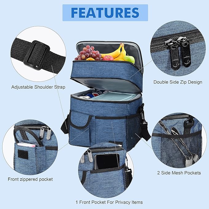 Tirrinia Large Insulated Lunch Box for Women Men, Double-Layer Leak-Proof Reusable Lunch Bag with 4 Pockets for Adult, Lunch Bag Cooler Tote for Office Work and Travel,Dark Blue