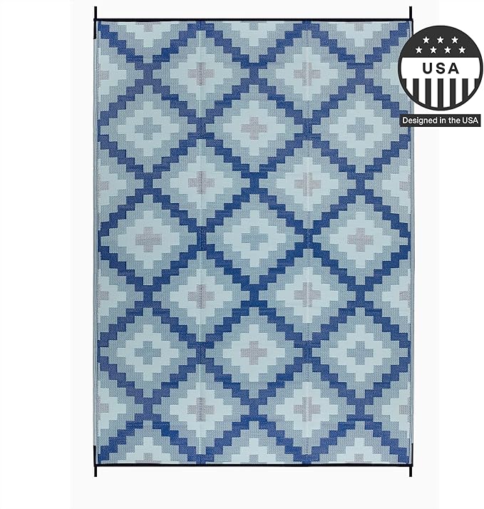 FH Home Outdoor Camping Rug - Waterproof, Fade Resistant, Reversible - Premium Recycled Plastic - Geometric - Large Patio, Deck, Sunroom, RV - Aztec Kilim - Blue Multi - 9 x 12 ft Foldable