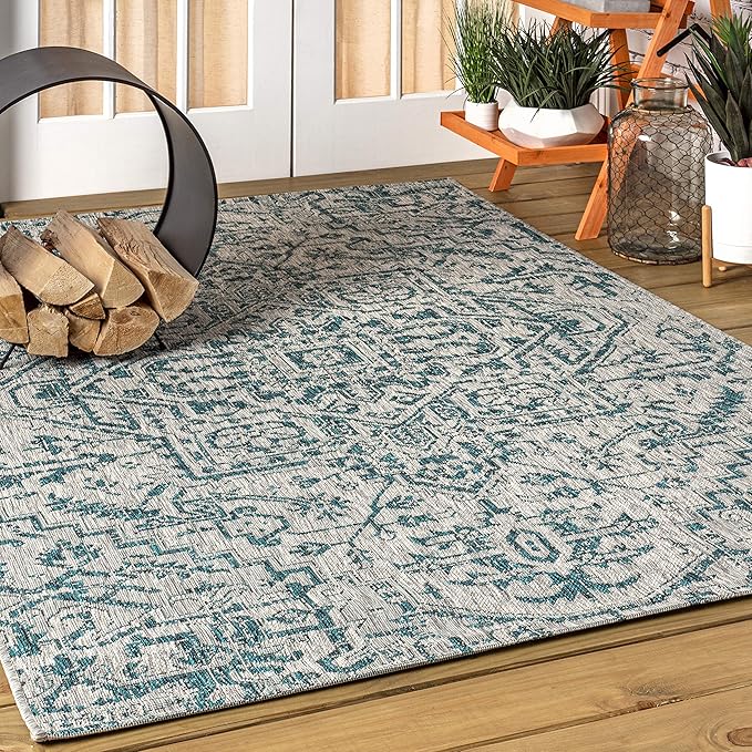 JONATHAN Y SMB105C-9 Estrella Bohemian Medallion Textured Weave Indoor Outdoor Area-Rug Coastal Bohemian Rustic Glam Easy-Cleaning Bedroom Kitchen Backyard Patio Non Shedding, 9 X 12, Teal/Gray