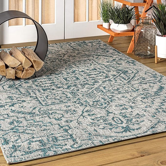 JONATHAN Y SMB105C-6 Estrella Bohemian Medallion Textured Weave Teal/Gray 6 ft. x 9 ft. Indoor/Outdoor Area Rug, Pet Friendly, Non-Shedding, Stain Resistant, Easy-Cleaning for Backyard, Patio, Porch