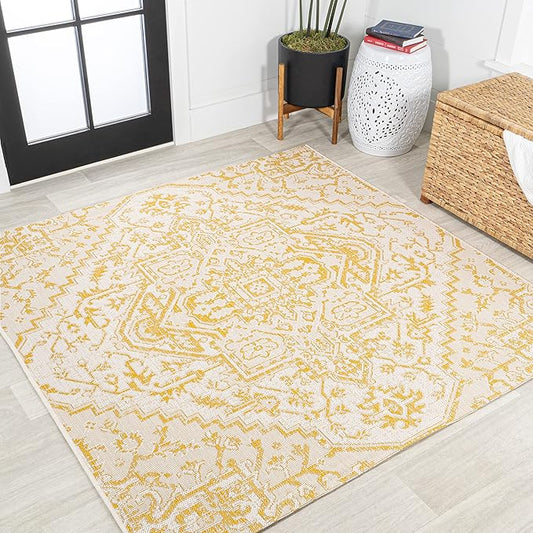 JONATHAN Y SMB105H-5SQ Estrella Bohemian Medallion Textured Weave Indoor Outdoor Area Rug, Coastal Traditional Transitional Easy Cleaning,Bedroom,Kitchen,Backyard,Patio, Cream/Yellow, 5' Square