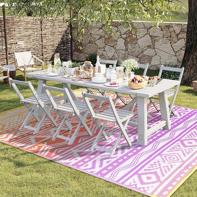 Lahome Outdoor Rug 8x10 Patio Waterproof, Reversible Outdoor Plastic Straw Rug for Camping, RV Patio Rugs Outside Large Carpet for Porch Deck Backyard Picnic(Orange/Purple,8'x 10')
