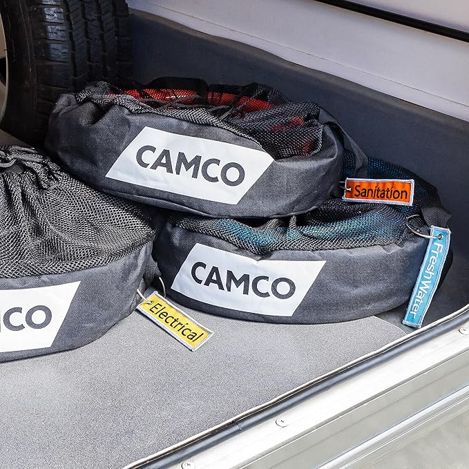Camco Camper/RV Equipment Storage Bag | Features Lined Interior w/Breathable Mesh Top & Barrel Lock Clasp | Includes 3 Id Tags for RV Storage and Organization | 16” in Diameter x 10” Deep (53097)