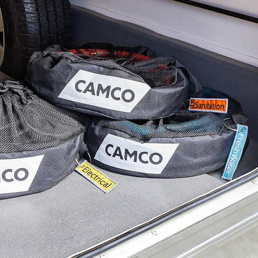 Camco Camper/RV Equipment Storage Bag | Features Lined Interior w/Breathable Mesh Top & Barrel Lock Clasp | Includes 3 Id Tags for RV Storage and Organization | 16” in Diameter x 10” Deep (53097)