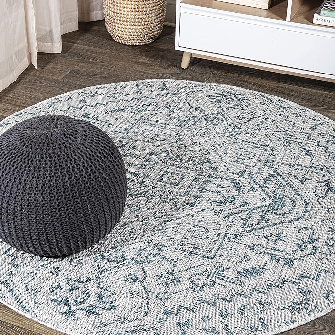 JONATHAN Y SMB105C-8R Estrella Bohemian Medallion Textured Weave Teal/Gray 8' Round Indoor/Outdoor Area Rug, Pet Friendly, Non-Shedding, Stain Resistant, Easy-Cleaning for Backyard, Patio, Porch