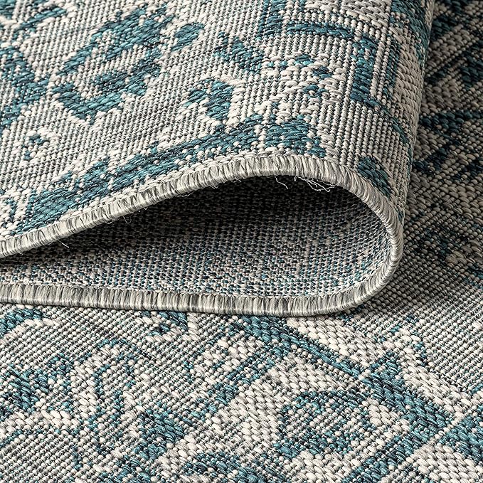 JONATHAN Y SMB105C-210 Estrella Bohemian Medallion Textured Weave Indoor Outdoor Runner Rug Coastal Bohemian Rustic Glam Easy-Cleaning Bedroom Kitchen Backyard Patio Non Shedding, 2 X 10, Teal/Gray