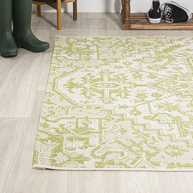 JONATHAN Y SMB105E-5 Estrella Bohemian Medallion Textured Weave Indoor Outdoor Area Rug, Coastal,Traditional,Transitional Easy Clean,Bedroom,Kitchen,Backyard,Patio, Non-Shed, Cream/Green, 5 X 8