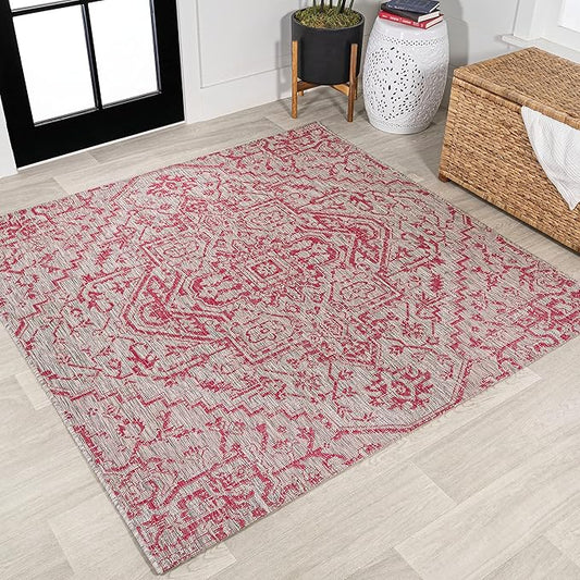 JONATHAN Y SMB105F-5SQ Estrella Bohemian Medallion Textured Weave Indoor Outdoor Area Rug, Coastal Traditional,Bedroom,Kitchen,Backyard,Patio, Light Gray/Fuchsia, 5' Square