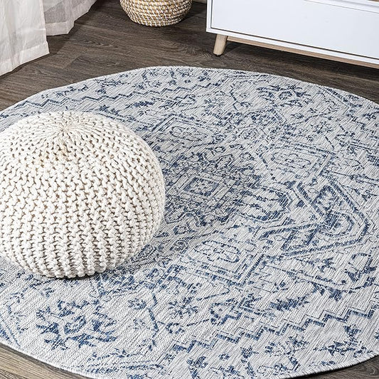 JONATHAN Y SMB105B-4R Estrella Bohemian Medallion Textured Weave Indoor/Outdoor Area Rug, Coastal, Traditional, Vintage for Bedroom, Kitchen, Living Room, Easy-Cleaning, Navy/Gray, 4' Round