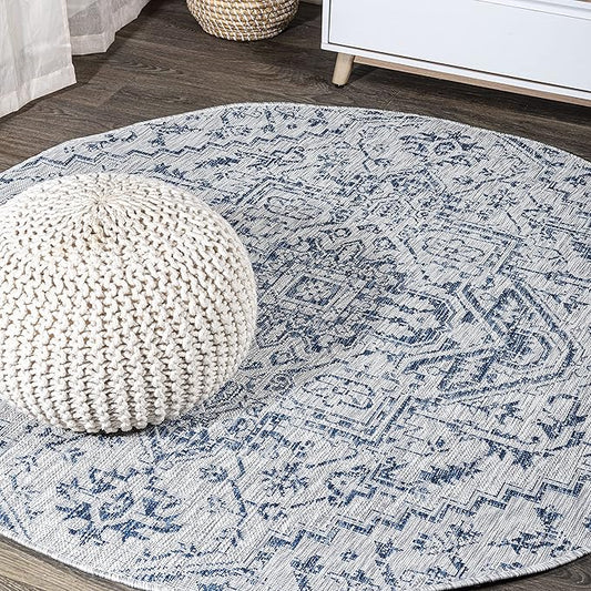 JONATHAN Y SMB105B-8R Estrella Bohemian Medallion Textured Weave Indoor/Outdoor Area Rug, Coastal, Traditional, Vintage for Bedroom, Kitchen, Living Room, Easy-Cleaning, Navy/Gray, 8' Round