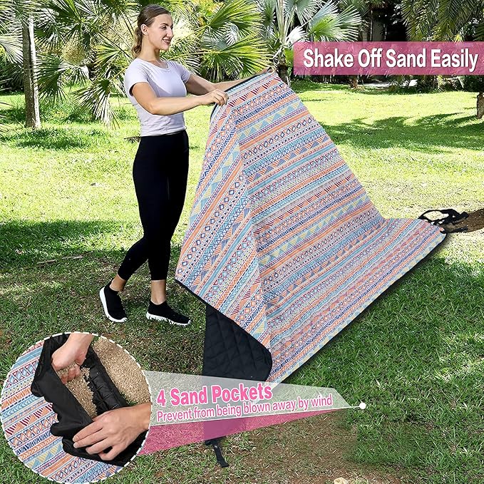 PY SUPER MODE Picnic Blankets Extra Large with Pergola, Orange Boho Waterproof Foldable Outdoor Beach Blanket Oversized 83x79” Sandproof, 3-Layer Picnic Mat for Camping, Hiking, Travel, Park