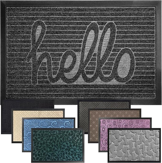 GORILLA GRIP 100% Waterproof All-Season WeatherMax Doormat, 23x35, Durable Natural Rubber, Stain and Fade Resistant, Low Profile, Indoor Outdoor Door Mats, Easy Clean Patio Entry Mat, Charcoal Hello