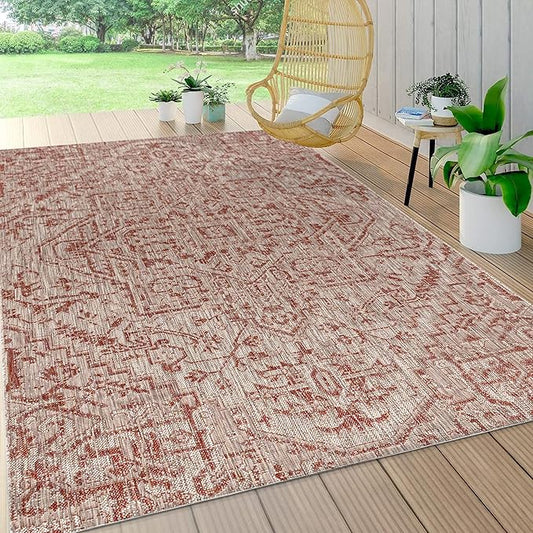 JONATHAN Y SMB105A-9 Estrella Bohemian Medallion Textured Weave Indoor Outdoor Area-Rug Coastal Bohemian Rustic Glam Easy-Cleaning Bedroom Kitchen Backyard Patio Non Shedding, 9 X 12, Red/Taupe