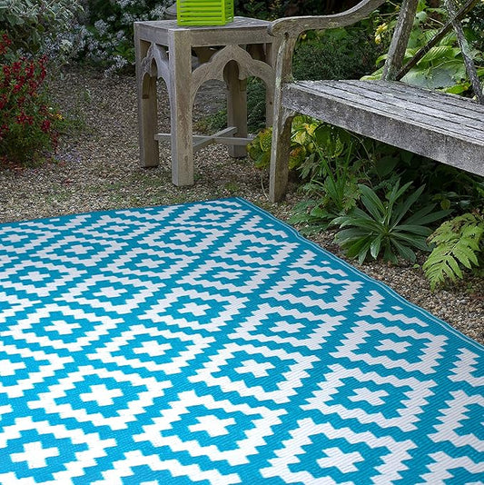 FH Home Outdoor Rug - Waterproof, Fade Resistant, Reversible - Premium Recycled Plastic - Geometric - Porch, Deck, Balcony, Mudroom, Laundry Room, Patio - Aztec - Teal & White Crease Free - 3 x 5 ft