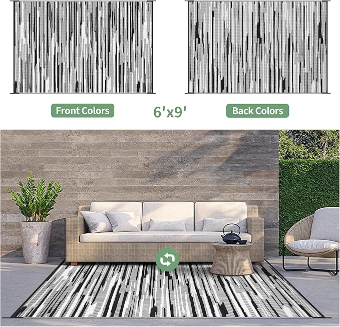 GENIMO Outdoor Rug for Patio Clearance, 6'x9' Waterproof Camping Mat, Reversible Plastic Straw Rugs for RV, Camper, Balcony, Backyard, Picnic, Deck (Black White)