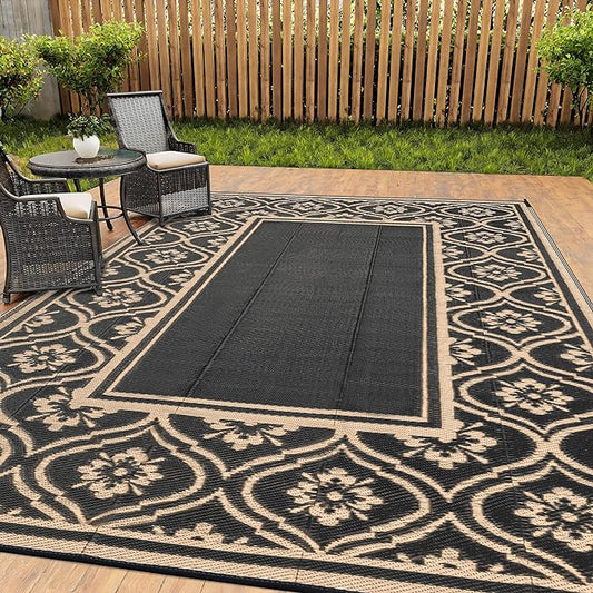 Outdoor Rug 8x10 Patio Waterproof Mat Camping Carpet Outside Area Rug Reversible Brown Rugs for RV Deck Entryance Porch Picnic Balcony Beach