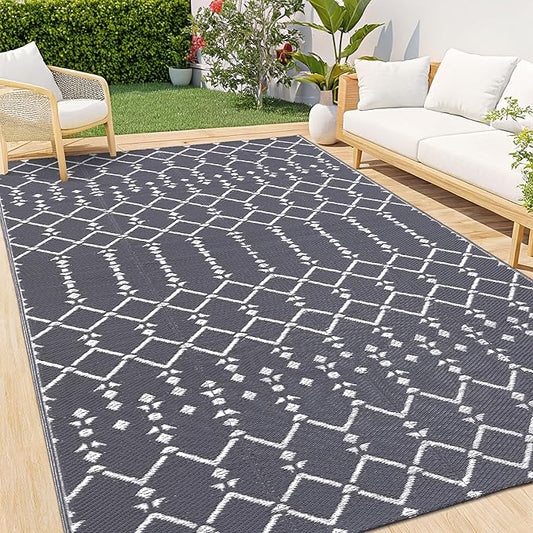 Smiry Outdoor Rug 9x12 ft, Waterproof Reversible Plastic Straw Rugs, Boho Outdoor Area Rug, Outside Floor Mat for Patio, Backyard, Deck, Picnic, Beach, Camping, Grey