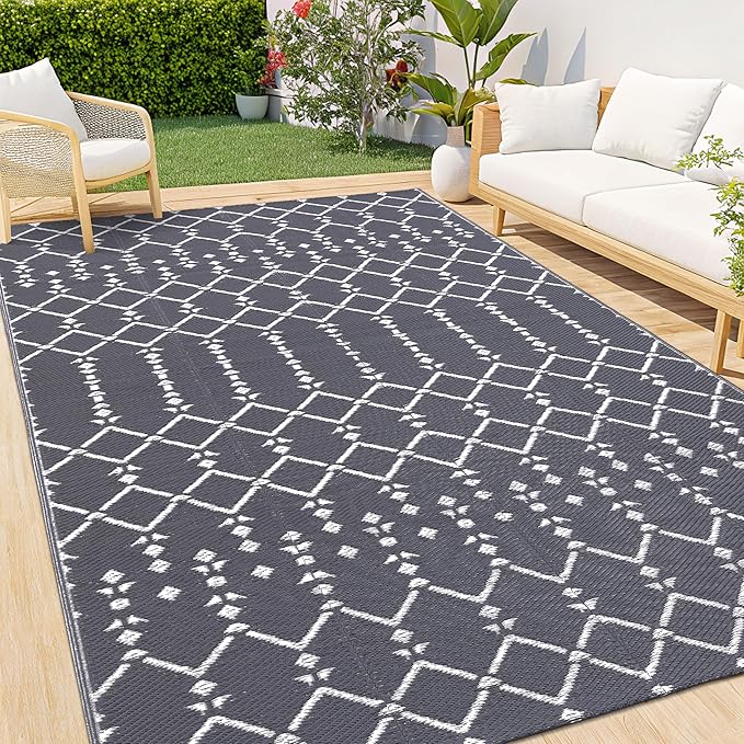 Smiry Outdoor Rug 8x10 ft, Waterproof Reversible Plastic Straw Rugs, Boho Outdoor Area Rug, Outside Floor Mat for Patio, Backyard, Deck, Picnic, Beach, Camping, Grey