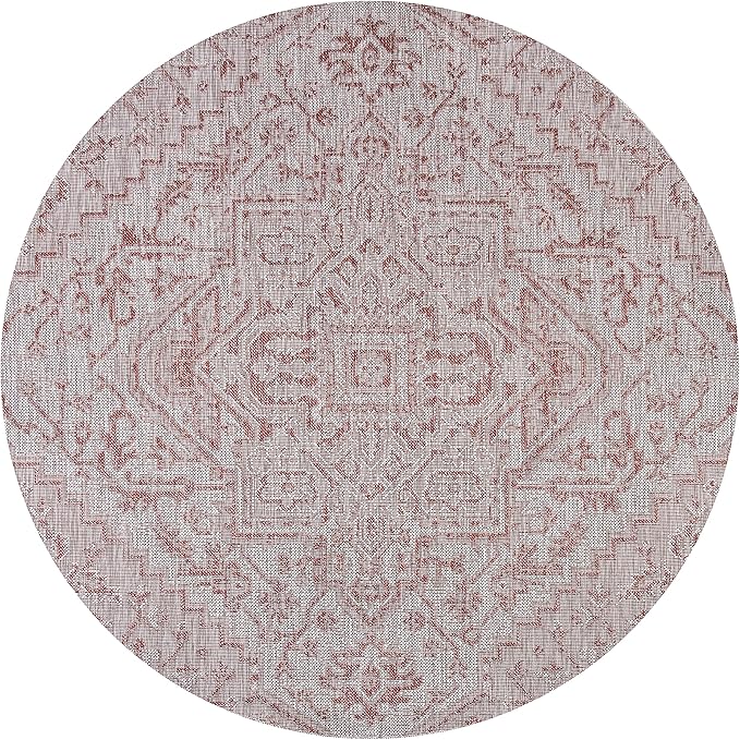 JONATHAN Y SMB105A-8R Estrella Bohemian Medallion Textured Weave Red/Taupe 8' Round Indoor/Outdoor Area Rug, Pet Friendly, Non-Shedding, Stain Resistant, Easy-Cleaning for Backyard, Patio, Porch