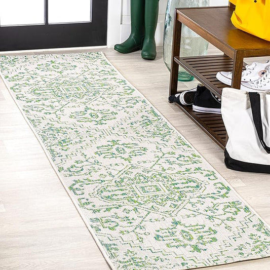 JONATHAN Y SMB105G-28 Estrella Bohemian Medallion Textured Weave Indoor Outdoor Runner Rug, Coastal,Traditional,Transitional Easy Clean,Bedroom,Kitchen,Backyard,Patio, Non-Shed, Green/Cream, 2 X 8