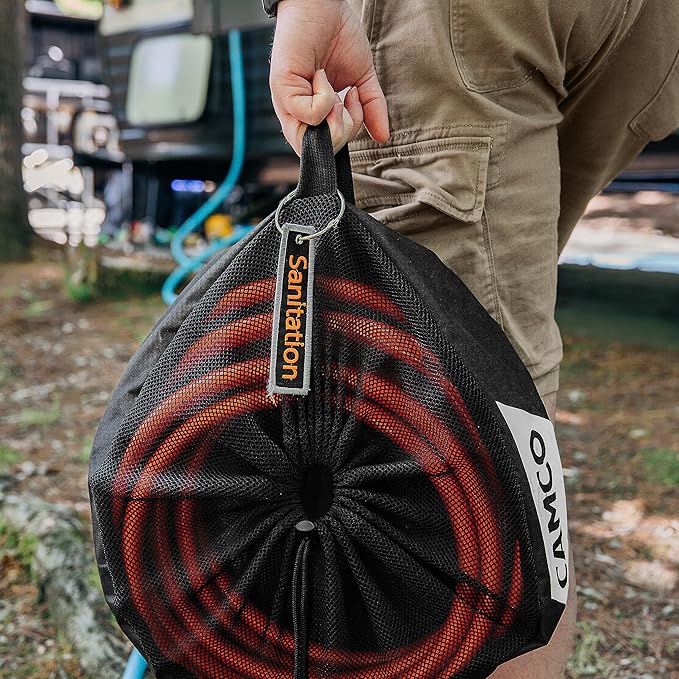Camco Camper/RV Equipment Storage Bag | Features Lined Interior w/Breathable Mesh Top & Barrel Lock Clasp | Includes 3 Id Tags for RV Storage and Organization | 16” in Diameter x 10” Deep (53097)