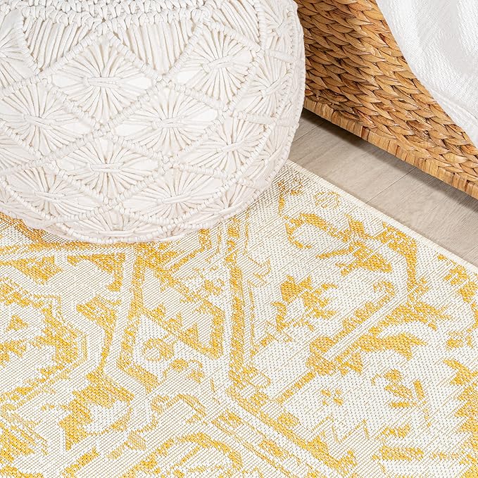JONATHAN Y SMB105H-210 Estrella Bohemian Medallion Textured Weave Indoor Outdoor Runner Rug, Coastal,Traditional,Transitional Easy Clean,Bedroom,Kitchen,Backyard,Patio, Non-Shed, Cream/Yellow, 2 X 10