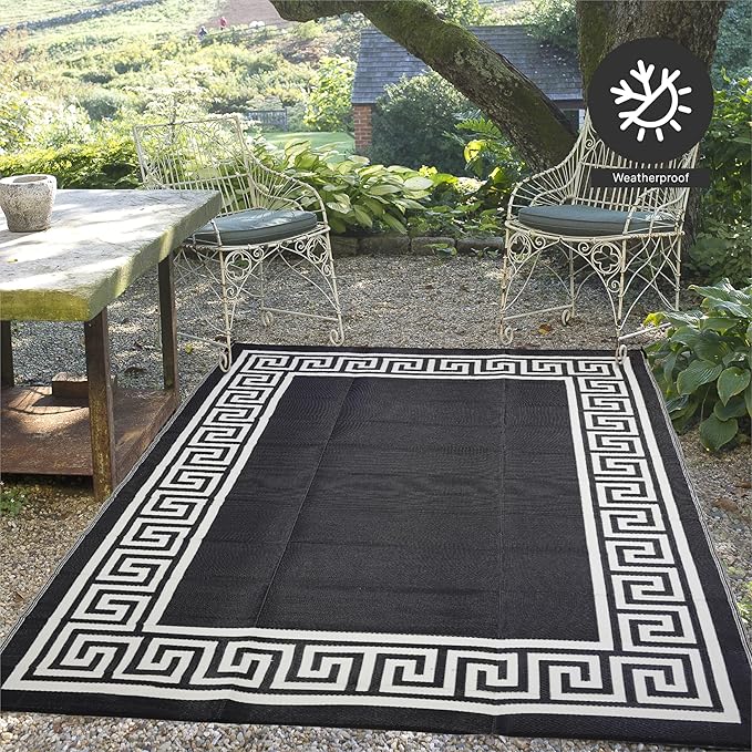 FH Home Outdoor Camping Rug - Waterproof, Fade Resistant, Reversible - Premium Recycled Plastic - Greek Border - Large Patio, Deck, Sunroom, RV - Athens - Black & White - 9 x 12 ft Foldable