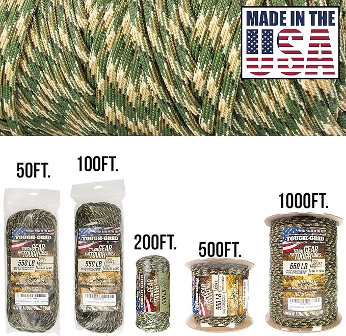 TOUGH-GRID Premium Forest Camo Paracord 550 lbs Made in USA Outdoor Survival Nylon Rope Tactical Heavy Duty Strands Parachute Cord Used by US Military Type III Mil-Spec