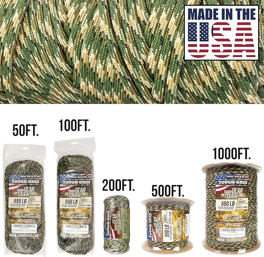TOUGH-GRID Premium Forest Camo Paracord 550 lbs Made in USA Outdoor Survival Nylon Rope Tactical Heavy Duty Strands Parachute Cord Used by US Military Type III Mil-Spec
