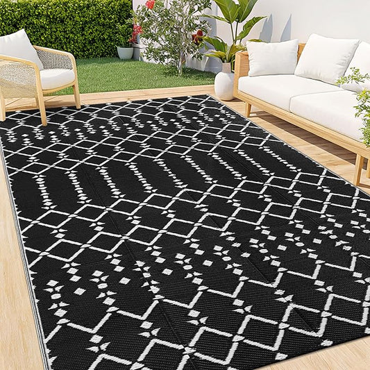 Smiry Outdoor Rug 6x9 ft, Waterproof Reversible Plastic Straw Rugs, Boho Outdoor Area Rug, Outside Floor Mat for Patio, Backyard, Deck, Picnic, Beach, Camping, Black