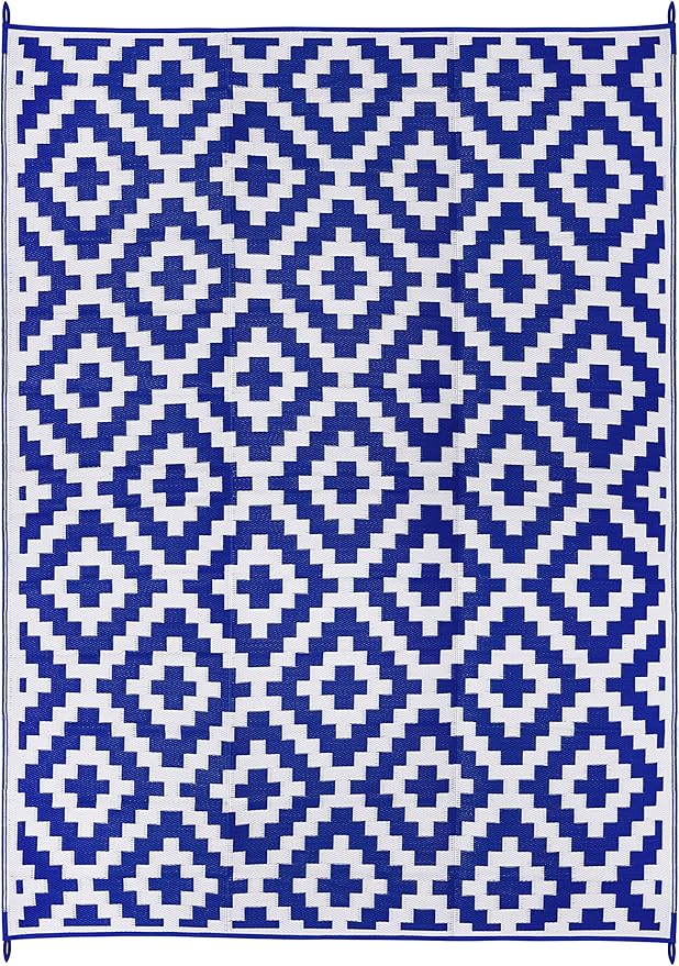FH Home Outdoor Camping Rug - Waterproof, Fade Resistant, Reversible - Premium Recycled Plastic - Geometric - Large Patio, Deck, Sunroom, RV - Aztec - Blue & White - 9 x 12 ft Foldable