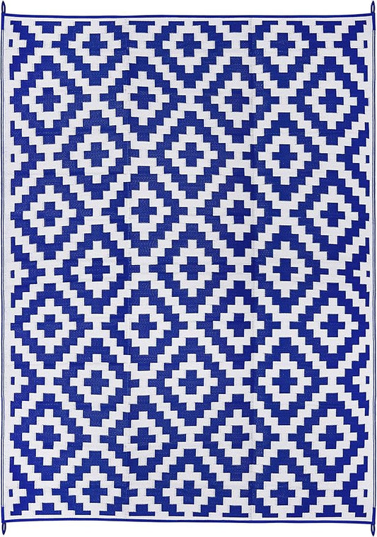 FH Home Outdoor Camping Rug - Waterproof, Fade Resistant, Reversible - Premium Recycled Plastic - Geometric - Large Patio, Deck, Sunroom, RV - Aztec - Blue & White - 9 x 12 ft Foldable