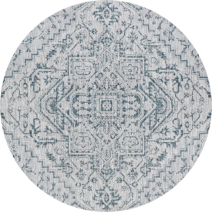 JONATHAN Y SMB105C-8R Estrella Bohemian Medallion Textured Weave Teal/Gray 8' Round Indoor/Outdoor Area Rug, Pet Friendly, Non-Shedding, Stain Resistant, Easy-Cleaning for Backyard, Patio, Porch