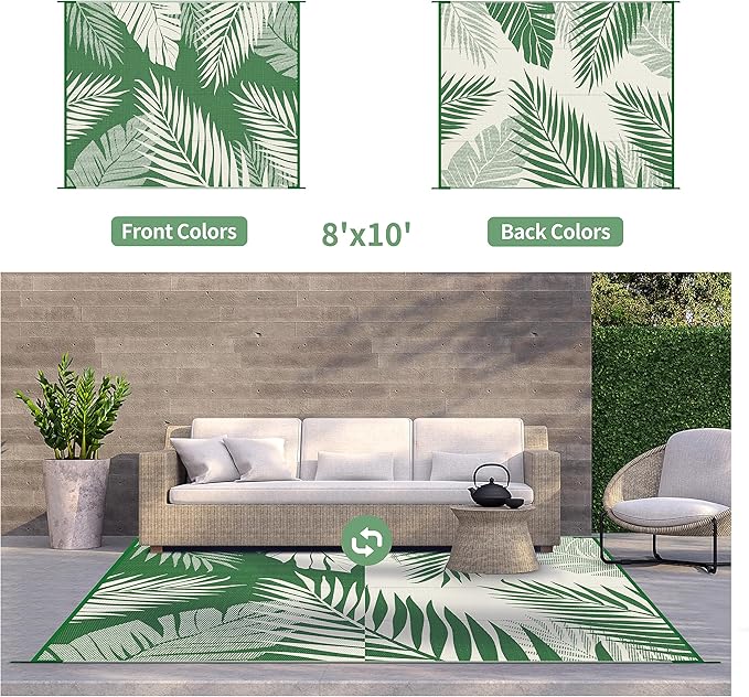 GENIMO Outdoor Rug 8' x 10' Waterproof for Patios Clearance, Reversible Outdoor Plastic Straw Camping Rug Carpet, Large Area Rugs Mats for RV, Picnic, Backyard, Deck, Balcony, Porch, Dark Green&White
