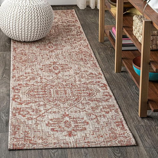 JONATHAN Y SMB105A-28 Estrella Bohemian Medallion Textured Weave Red/Taupe 2 ft. x 8 ft. Indoor/Outdoor Runner Rug Coastal, Traditional, Transitional, Perfect for Backyard, Patio, Porch