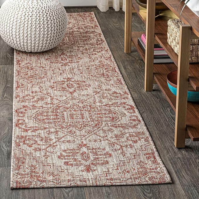 JONATHAN Y SMB105A-210 Estrella Bohemian Medallion Textured Weave Indoor Outdoor Runner Rug Coastal Bohemian Rustic Glam Easy-Cleaning Bedroom Kitchen Backyard Patio Non Shedding, 2 X 10, Red/Taupe