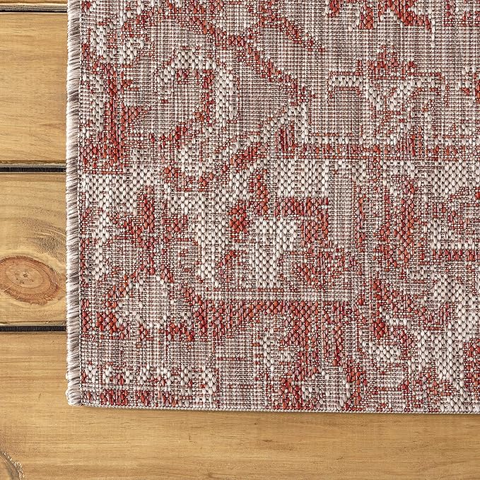 JONATHAN Y SMB105A-5SQ Estrella Bohemian Medallion Textured Weave Indoor Outdoor Area-Rug Coastal Bohemian Rustic Glam Easy-Cleaning Bedroom Kitchen Backyard Patio Non Shedding, 5' Square, Red/Taupe