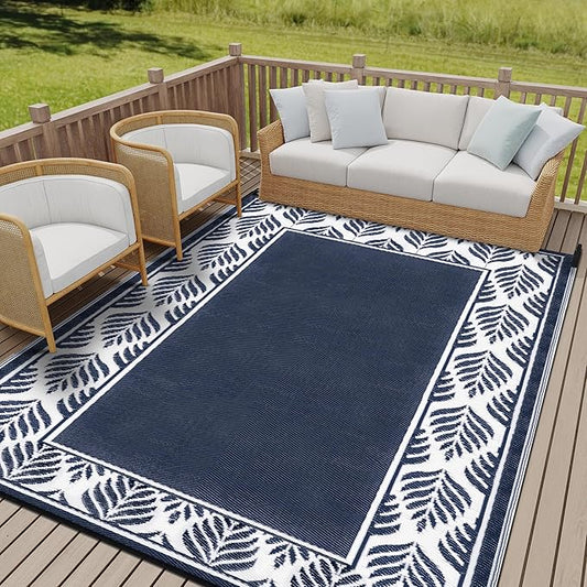 Outdoor Plastic Straw Rug, Waterproof Mat, Washable Large Floor Mat and Rug for Outdoors, RV, Beach, Patio, Camping, Backyard, Deck, Picnic,Indoor Outside (8x10ft,Olive-Leaf/Dark Blue&White)