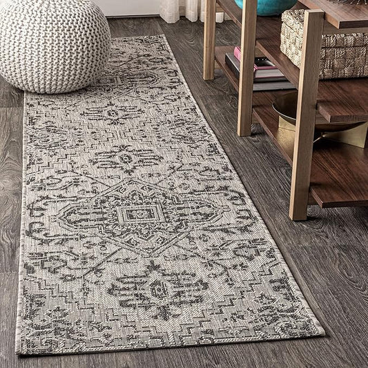 JONATHAN Y SMB105D-210 Estrella Bohemian Medallion Textured Weave Indoor Outdoor Runner Rug Coastal Bohemian Rustic Glam Easy-Cleaning Bedroom Kitchen Backyard Patio Non Shedding, 2 X 10, Black/Gray