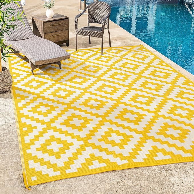 FH Home Outdoor Rug - Waterproof, Fade Resistant, Reversible - Premium Recycled Plastic - Geometric - Large Patio, Deck, Sunroom, Camping, RV - Aztec - Yellow & White Crease Free - 6 x 9 ft