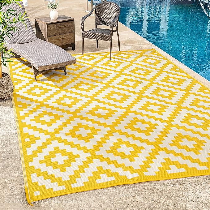 FH Home Outdoor Camping Rug - Waterproof, Fade Resistant, Reversible - Premium Recycled Plastic - Geometric - Large Patio, Deck, Sunroom, RV - Aztec - Yellow & White - 9 x 18 ft Foldable